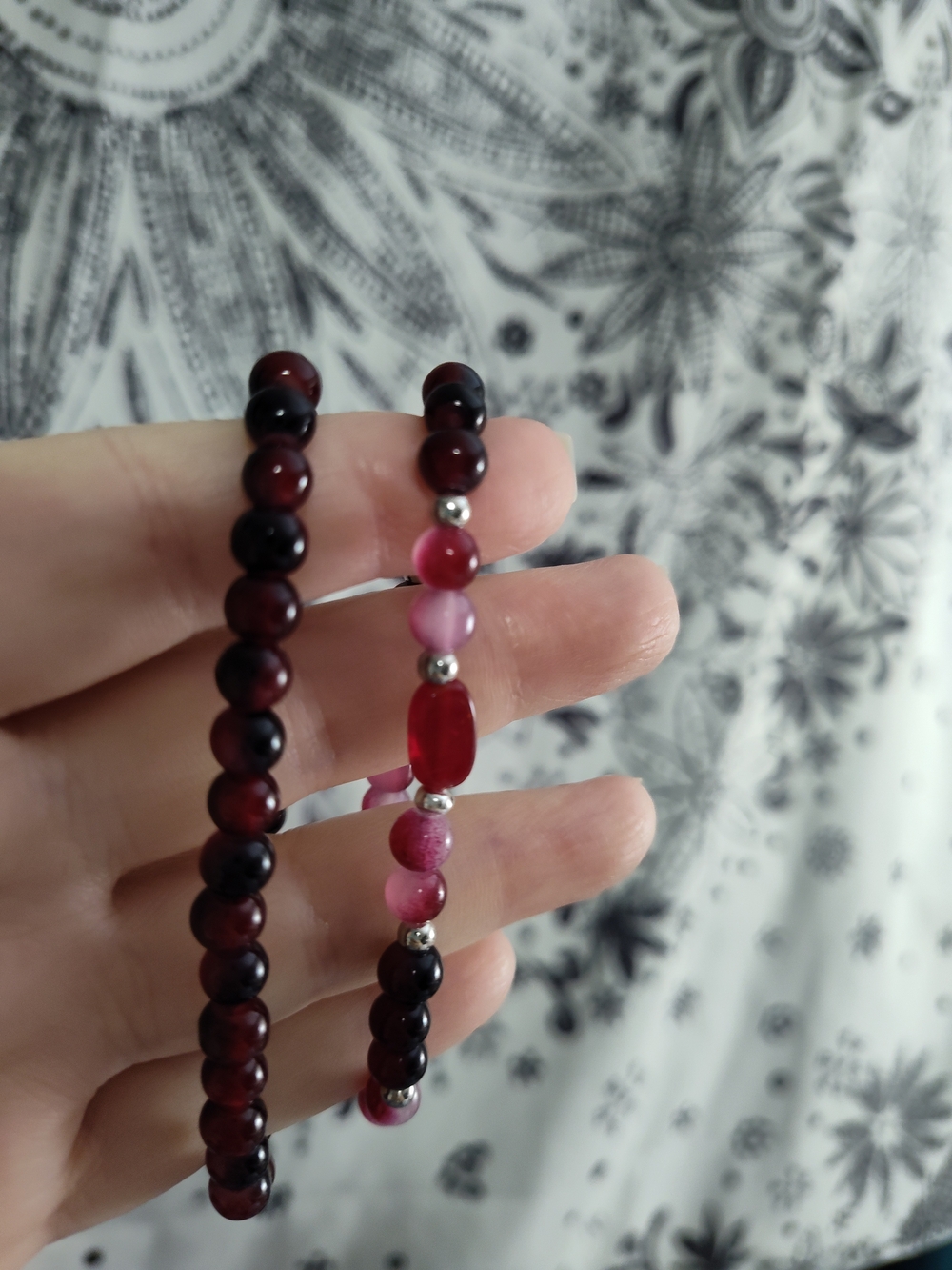 Handcrafted Set Of 2 Red and Pink Beaded Stretch Bracelet Set
